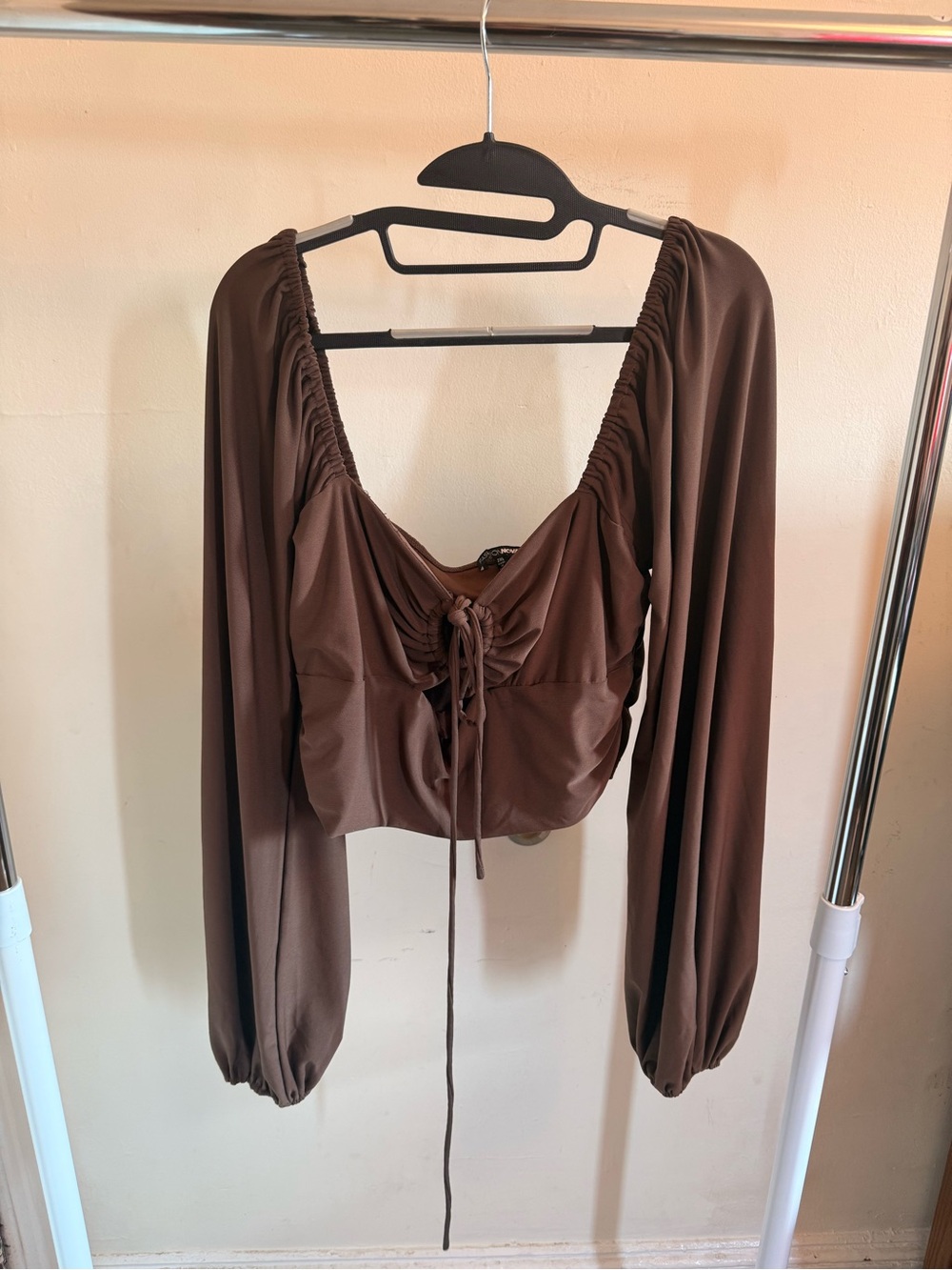 Fashion Nova Chocolate Brown Ruched Long-Sleeve Crop Top